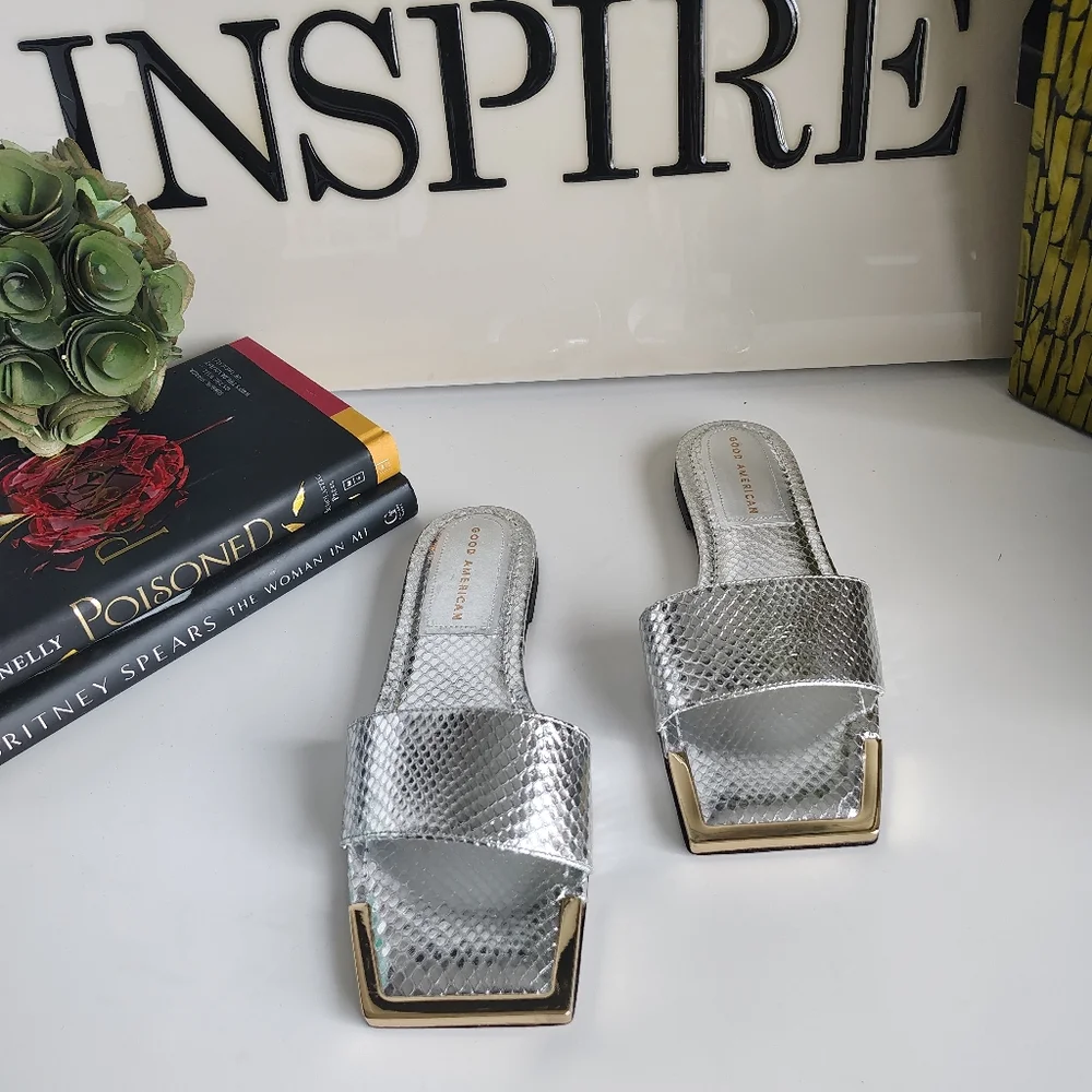 Good American Standout Slide Sandals Silver Snake 7.5 NIB